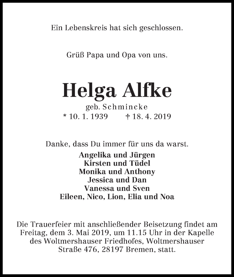 Traueranzeige von Helga Alfke von WESER-KURIER