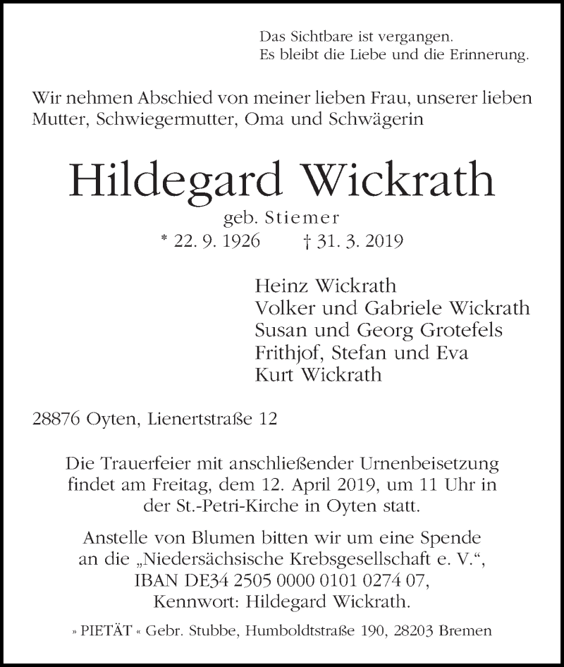Traueranzeige von Hildegard Wickrath von WESER-KURIER