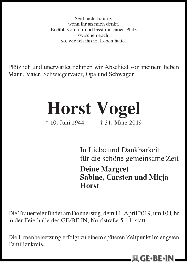 Traueranzeige von Horst Vogel von WESER-KURIER