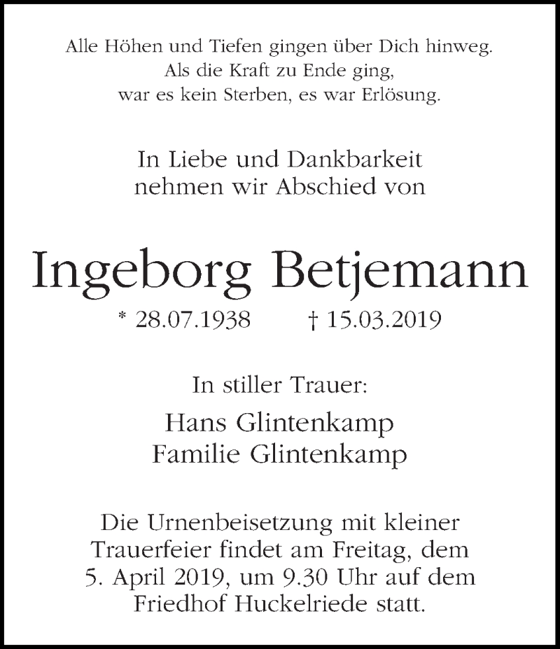 Traueranzeige von Ingeborg Betjemann von WESER-KURIER