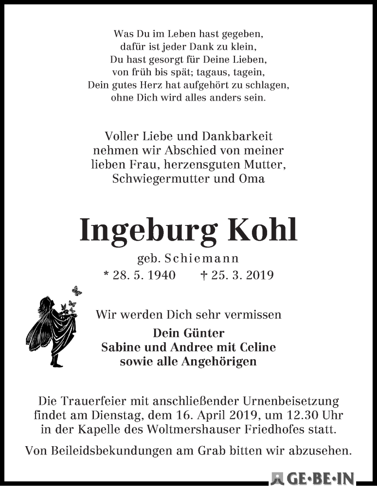 Traueranzeige von Ingeburg Kohl von WESER-KURIER