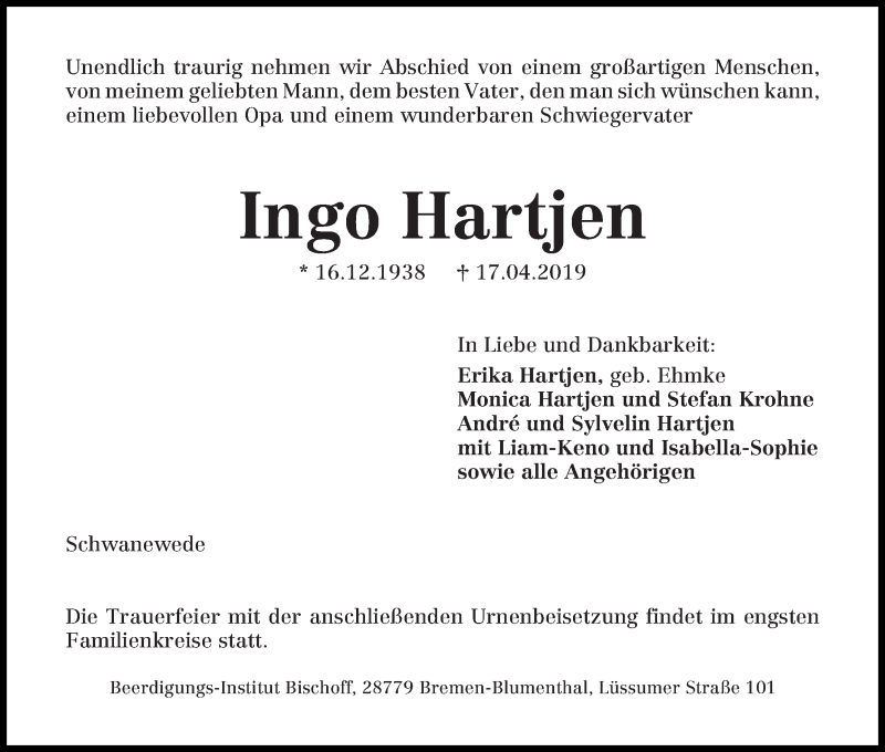 Traueranzeige von Ingo Hartjen von WESER-KURIER