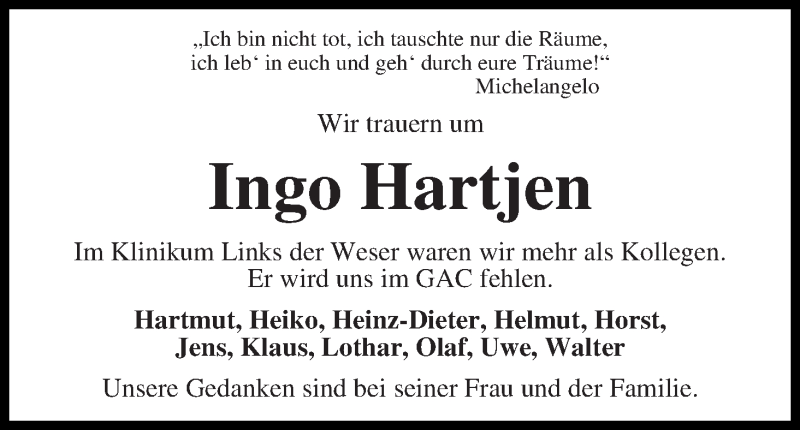 Traueranzeige von Ingo Hartjen von WESER-KURIER