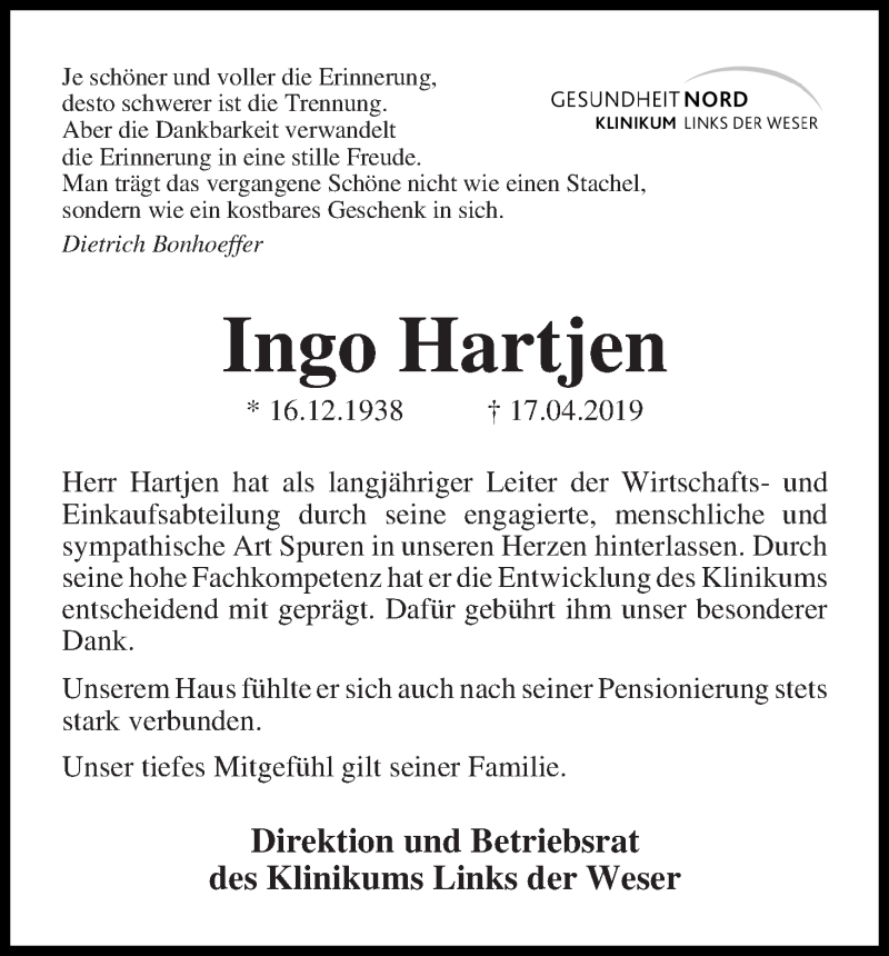 Traueranzeige von Ingo Hartjen von WESER-KURIER