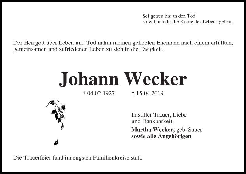 Traueranzeige von Johann Wecker von Die Norddeutsche