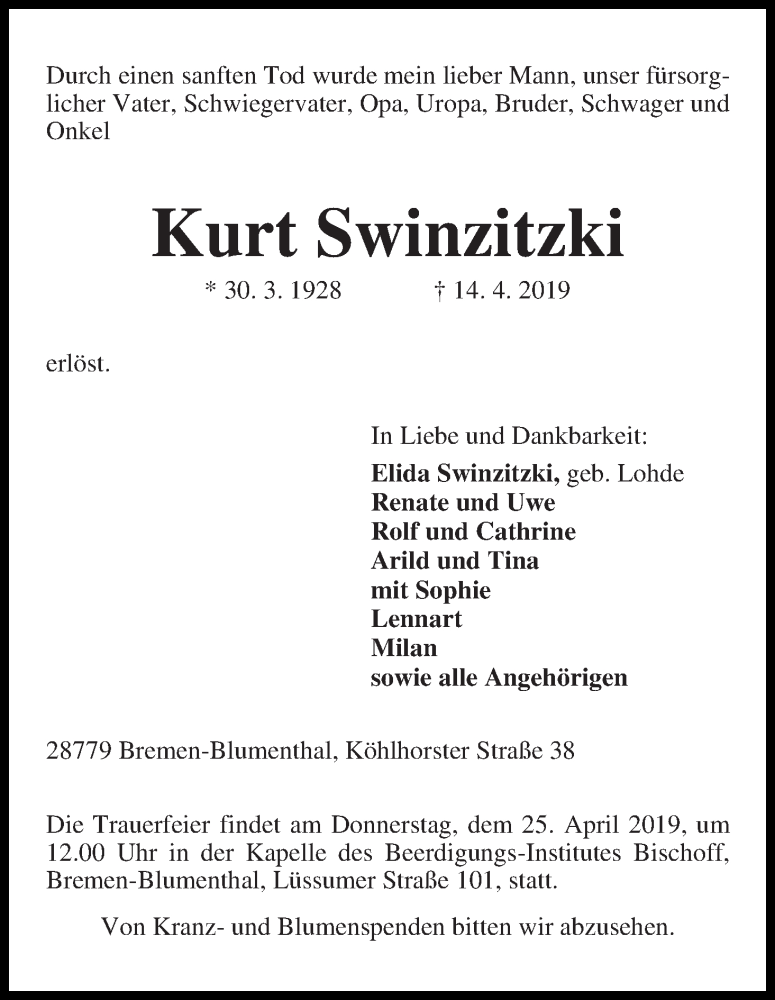 Traueranzeige von Kurt Swinzitzki von Die Norddeutsche