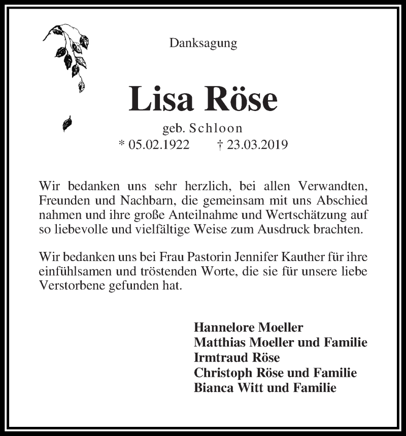 Traueranzeige von Lisa Röse von Die Norddeutsche