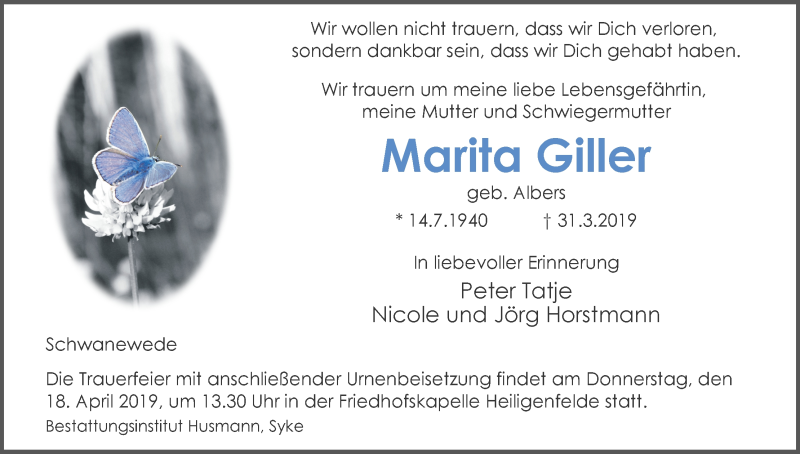 Traueranzeige von Marita Giller von WESER-KURIER
