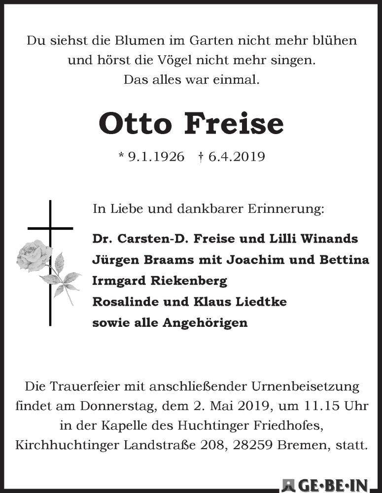 Traueranzeige von Otto Freise von WESER-KURIER