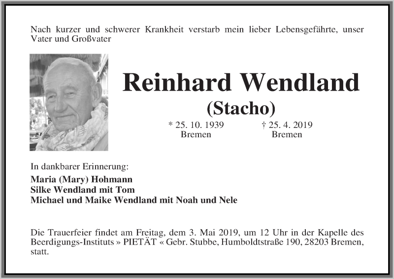 Traueranzeige von Reinhard Wendland von WESER-KURIER