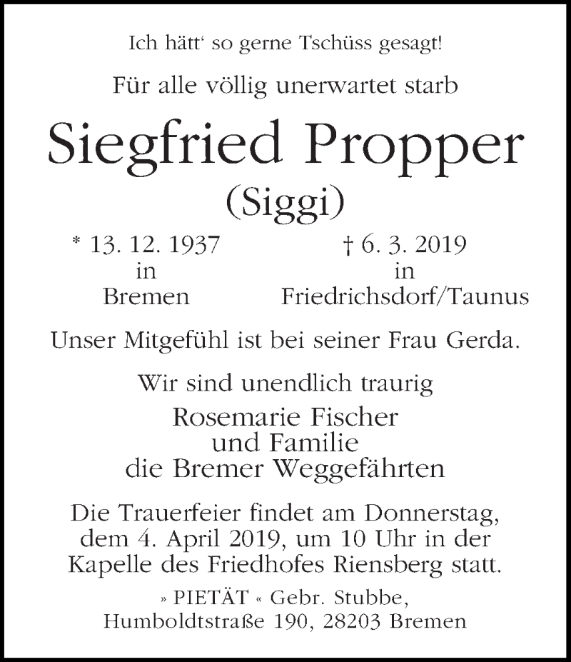 Traueranzeige von Siegfried (Sieggi) Propper von WESER-KURIER