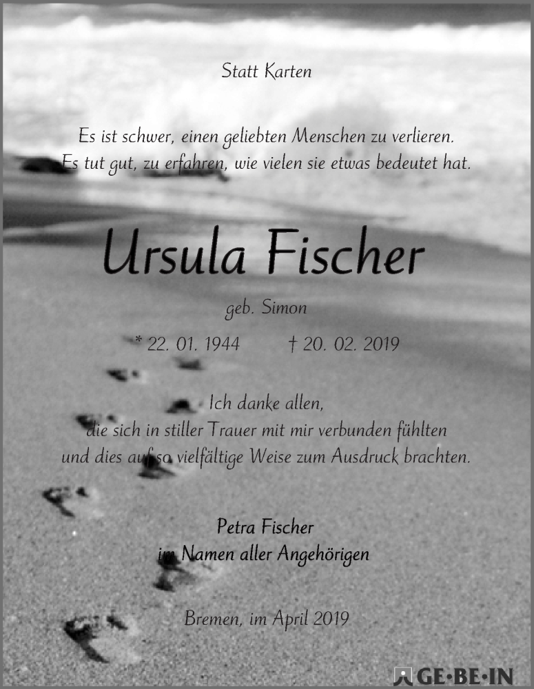 Traueranzeige von Ursula Fischer von WESER-KURIER
