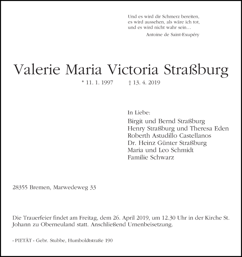 Traueranzeige von Valerie Maria Victoria Straß?burg von WESER-KURIER