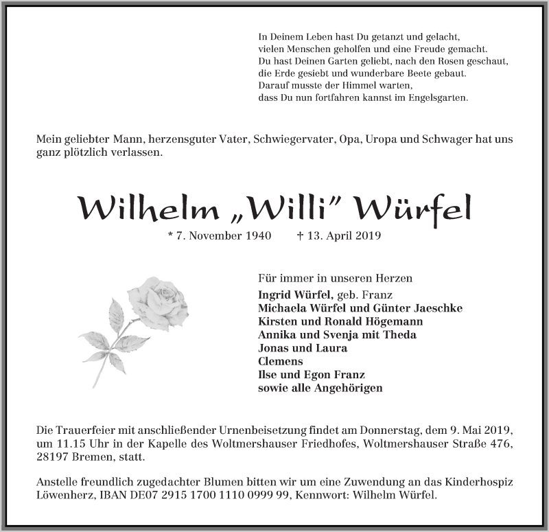 Traueranzeige von Wilhelm „Willi” Würfel von WESER-KURIER