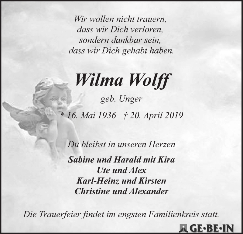 Traueranzeige von Wilma Wolff von WESER-KURIER