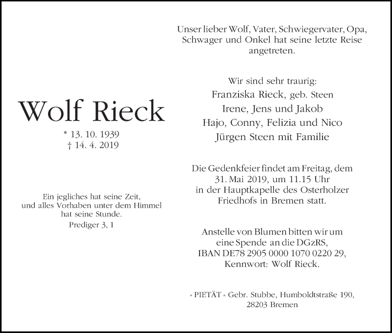 Traueranzeige von Wolf Rieck von WESER-KURIER