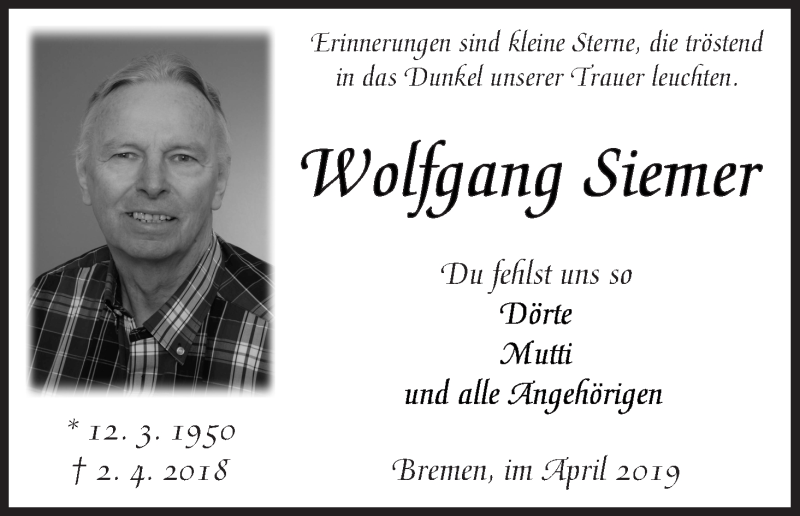 Traueranzeige von Wolfgang Siemer von WESER-KURIER
