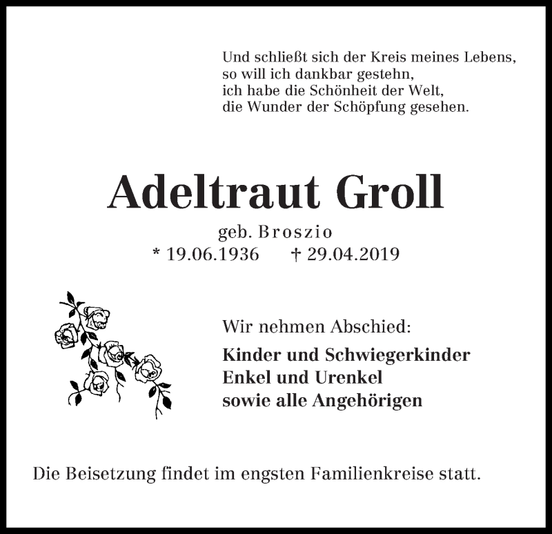 Traueranzeige von Adeltraut Groll von Die Norddeutsche