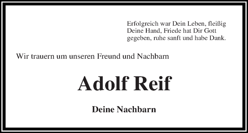 Traueranzeige von Adolf Reif von Die Norddeutsche