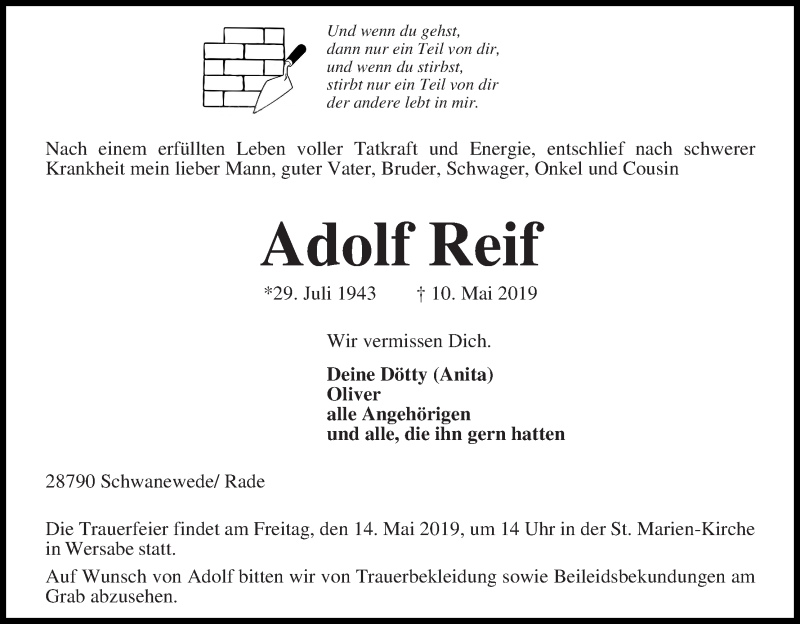 Traueranzeige von Adolf Reif von Die Norddeutsche