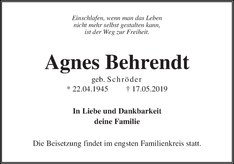 Traueranzeige von Agnes Behrendt von Die Norddeutsche
