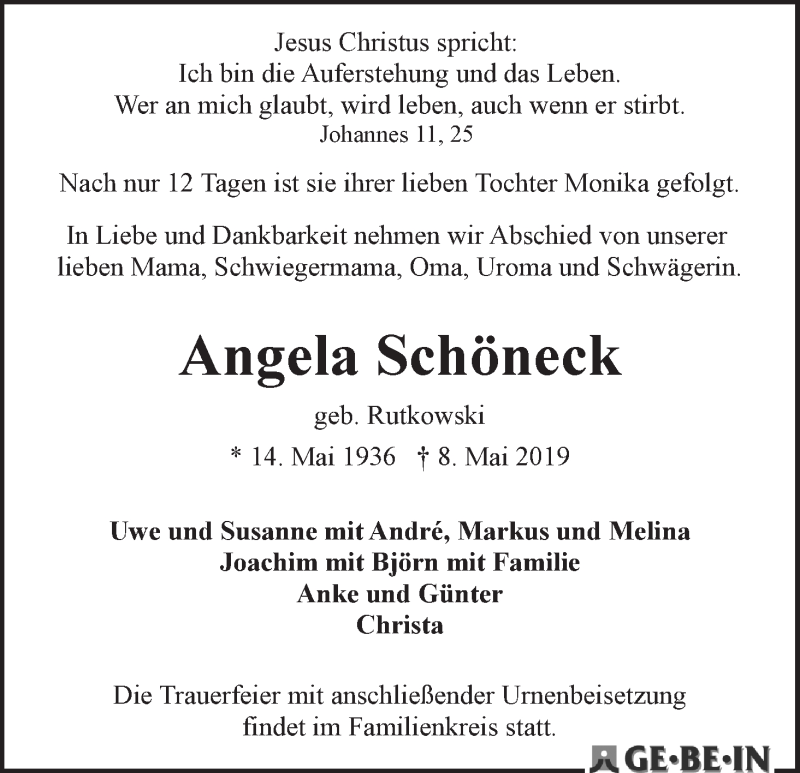Traueranzeige von Angela Schöneck von WESER-KURIER