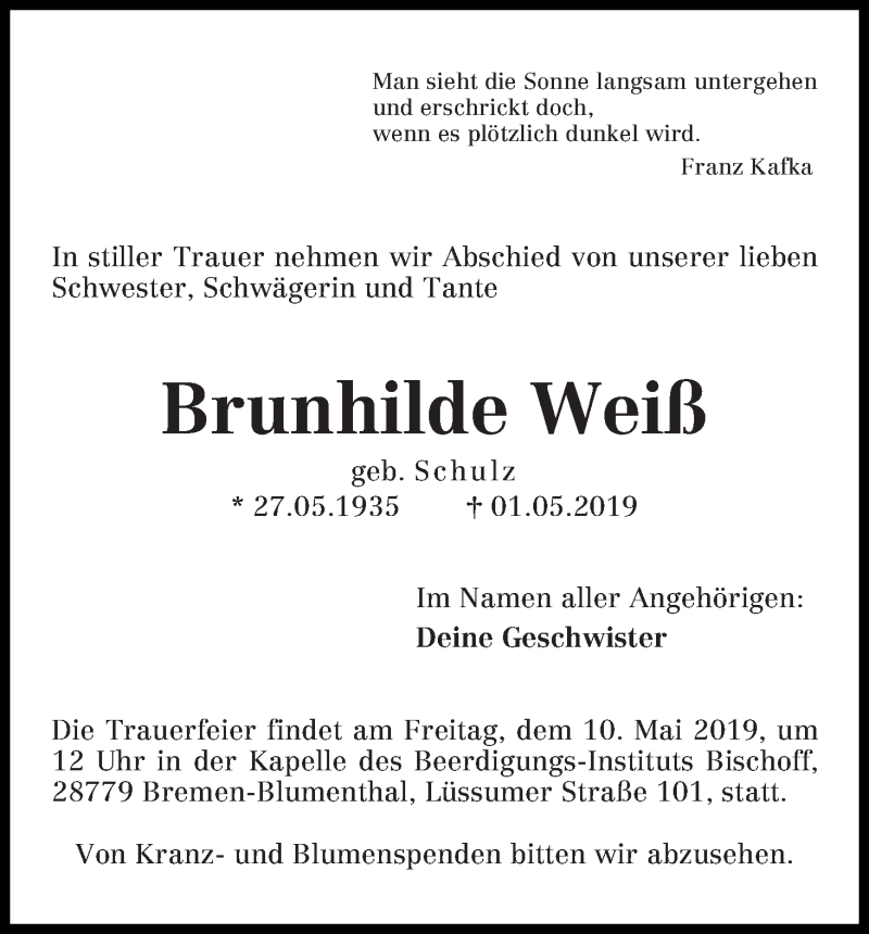 Traueranzeige von Brunhilde Weiß von Die Norddeutsche