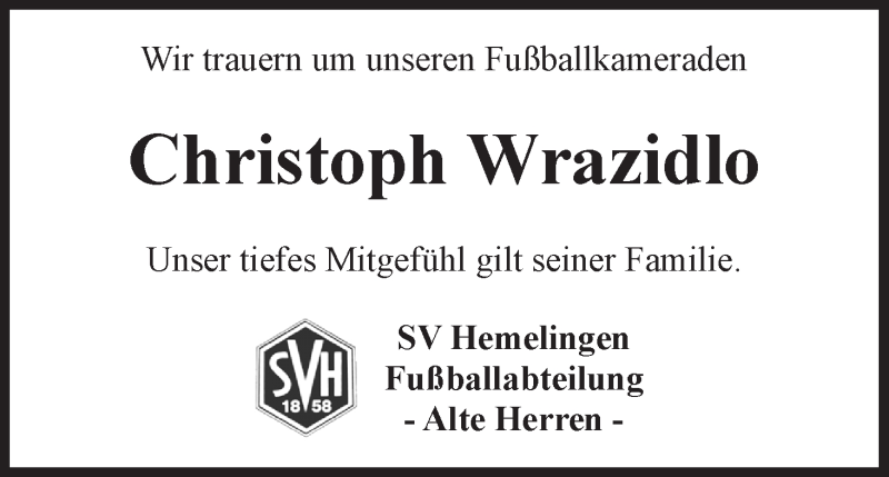 Traueranzeige von Christoph Wrazidlo von WESER-KURIER