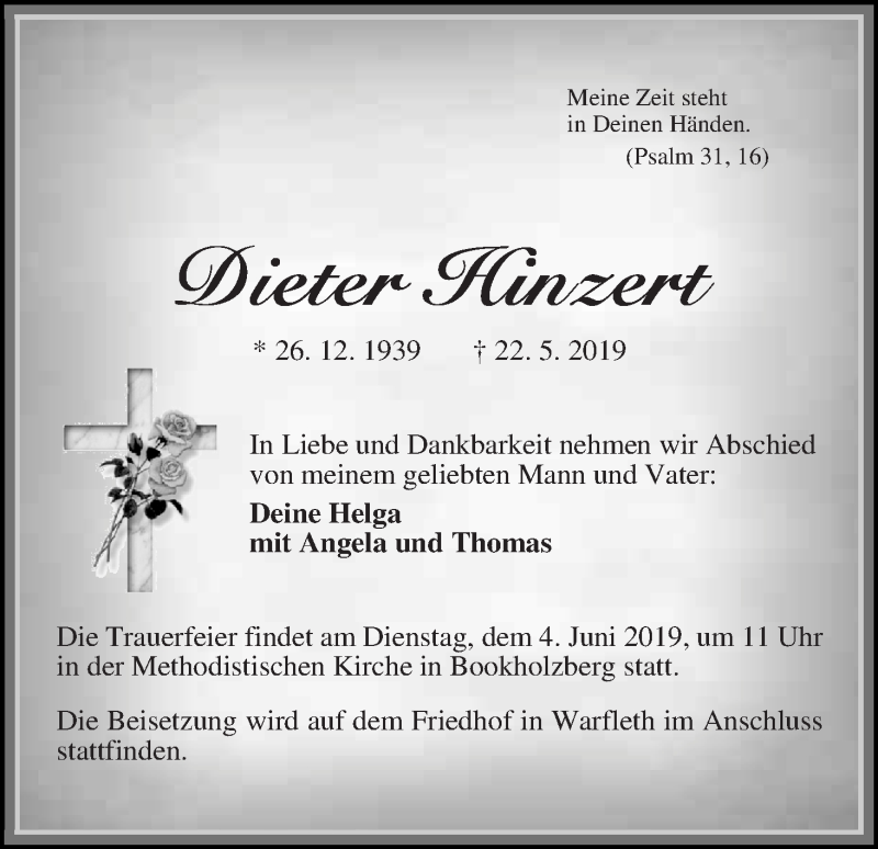 Traueranzeige von Dieter Hinzert von WESER-KURIER