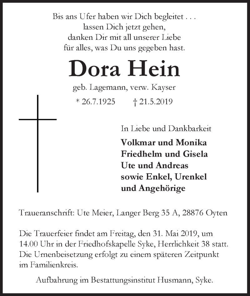 Traueranzeige von Dora Hein von WESER-KURIER