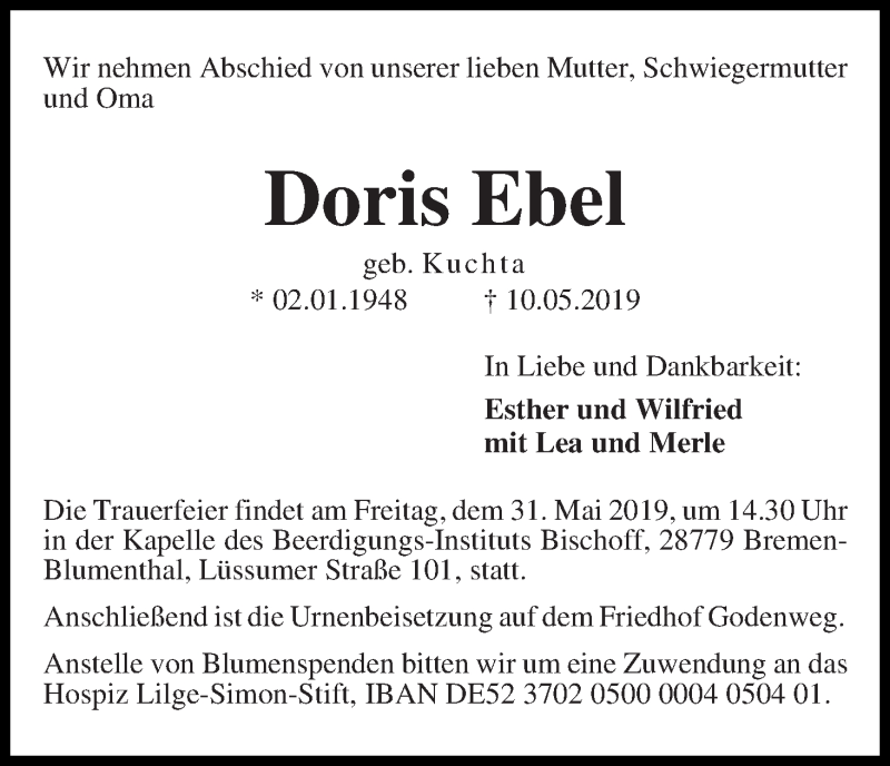 Traueranzeige von Doris Ebel von Die Norddeutsche