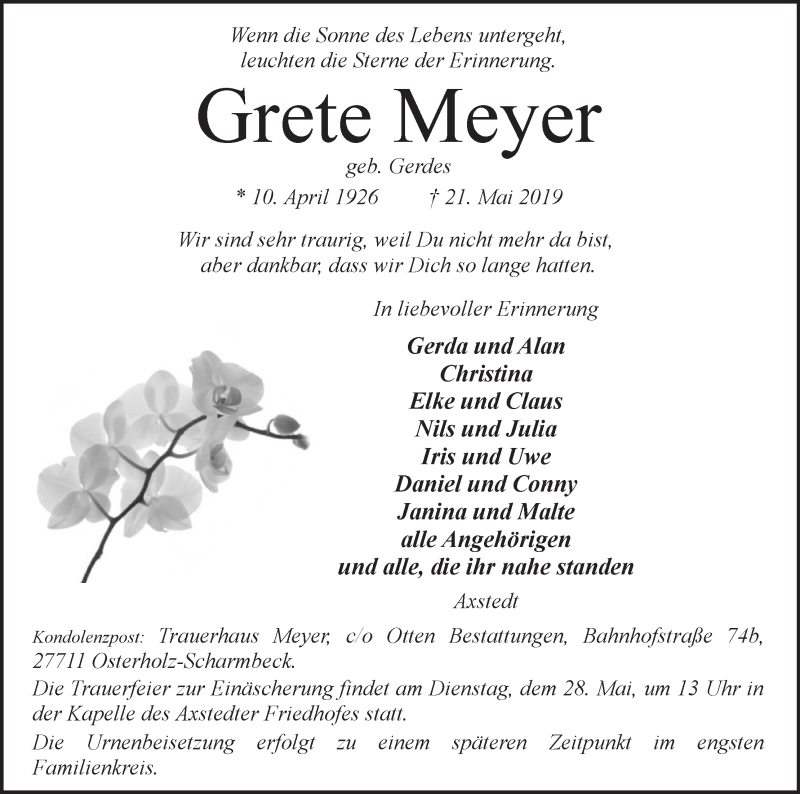 Traueranzeige von Grete Meyer von Osterholzer Kreisblatt