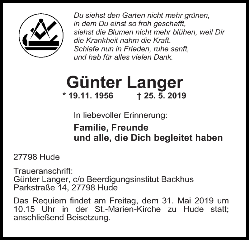 Traueranzeige von Günter Langer von WESER-KURIER