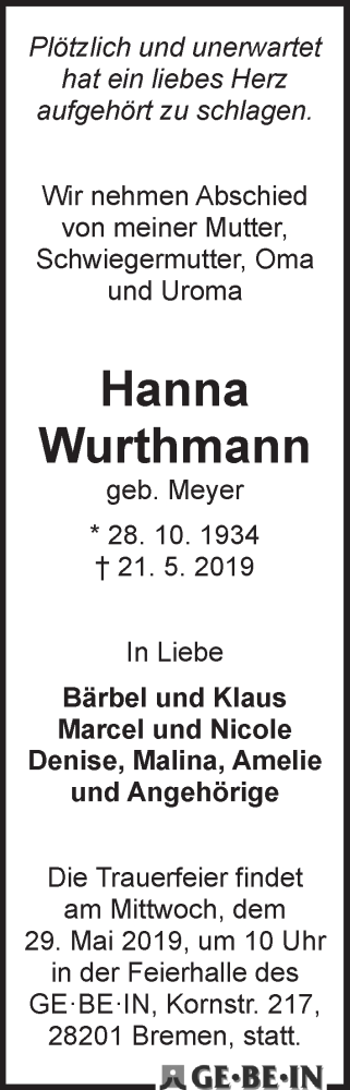 Traueranzeige von Hanna Wurthmann von WESER-KURIER