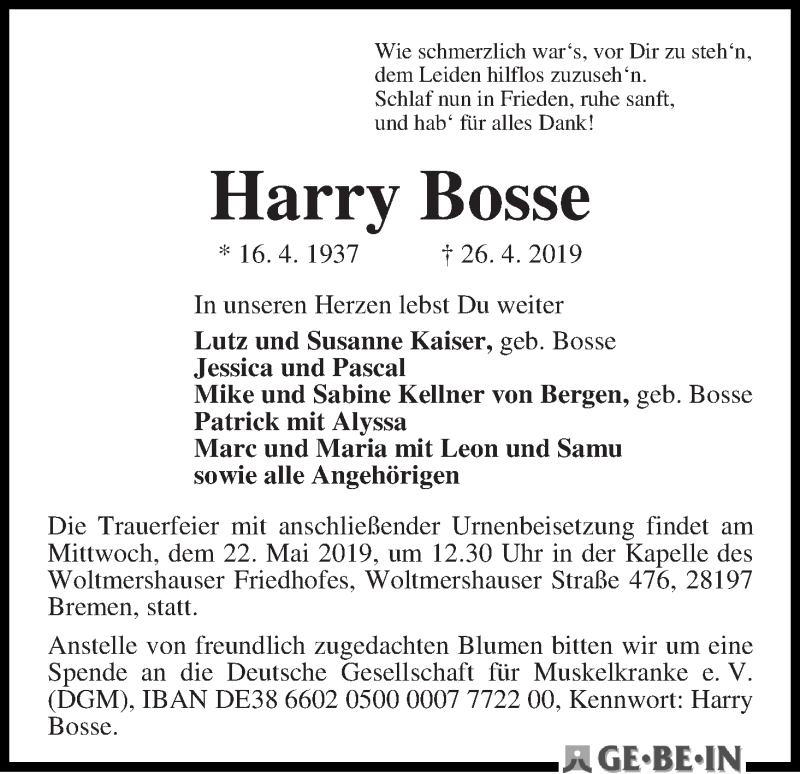 Traueranzeige von Harry Bosse von WESER-KURIER