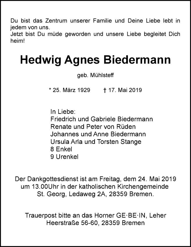 Traueranzeige von Hedwig Agnes Biedermann von WESER-KURIER