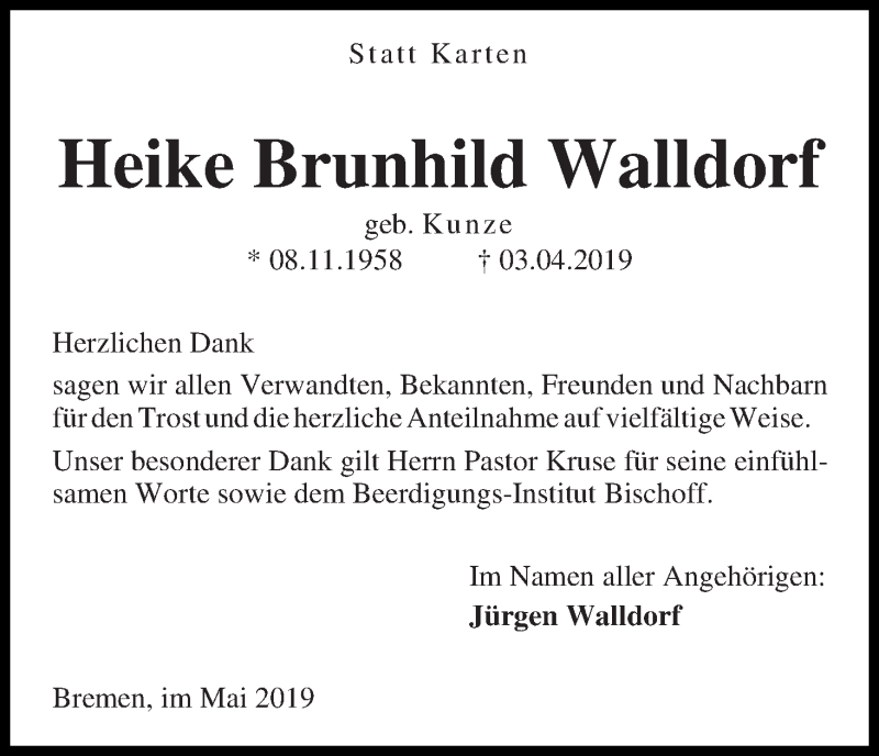 Traueranzeige von Heike Brunhild Walldorf von Die Norddeutsche