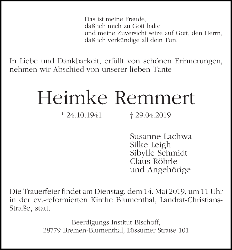 Traueranzeige von Heimke Remmert von Die Norddeutsche