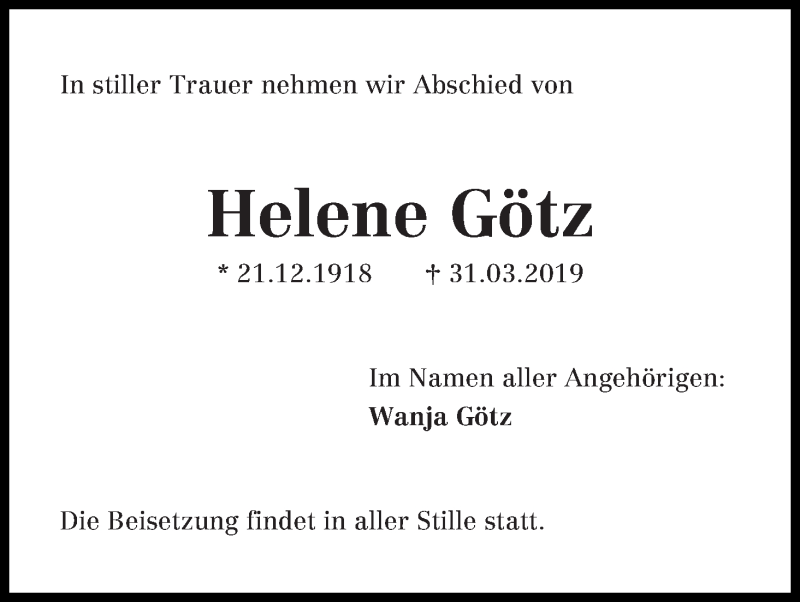 Traueranzeige von Helene Götz von Die Norddeutsche
