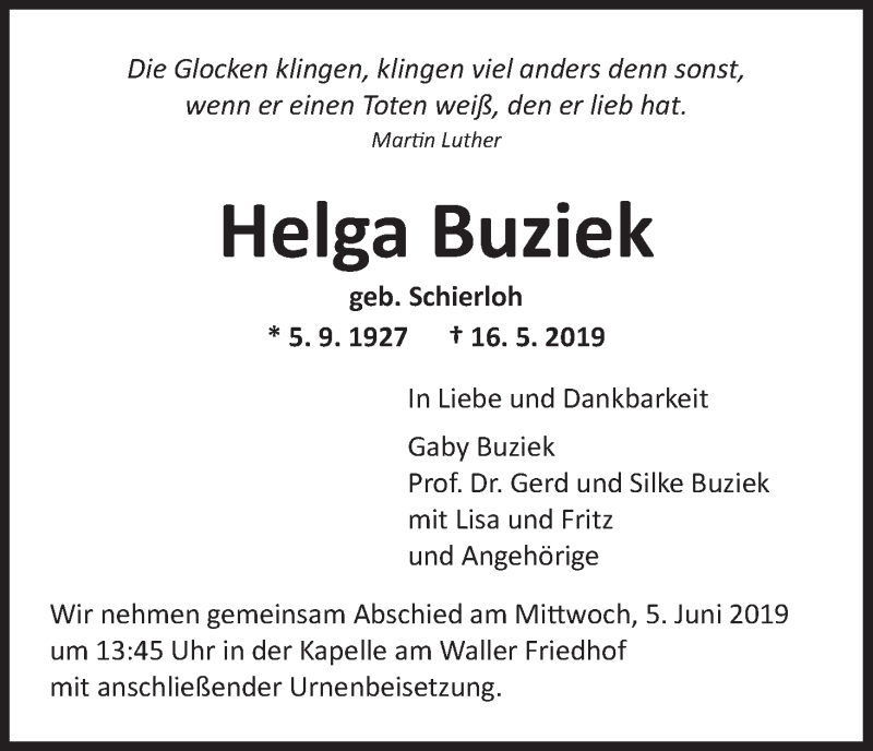 Traueranzeige von Helga Buziek von WESER-KURIER