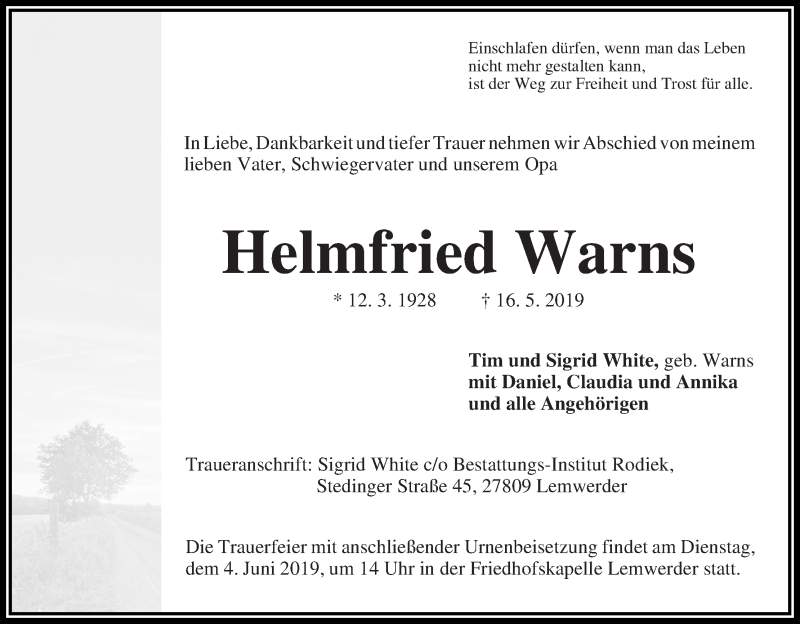 Traueranzeige von Helmfried Warns von Die Norddeutsche