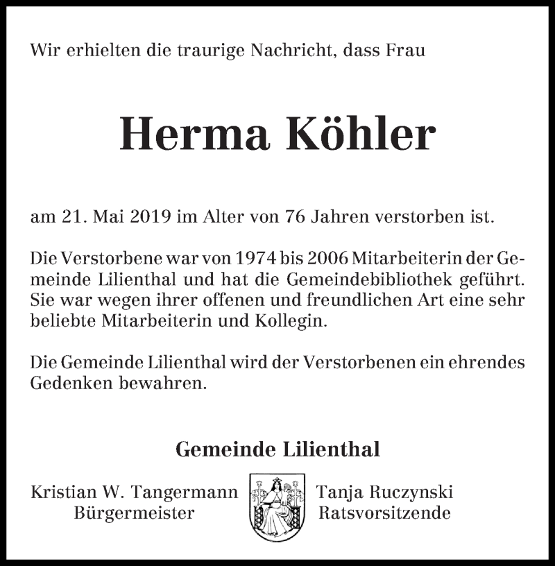 Traueranzeige von Herma Köhler von Wuemme Zeitung