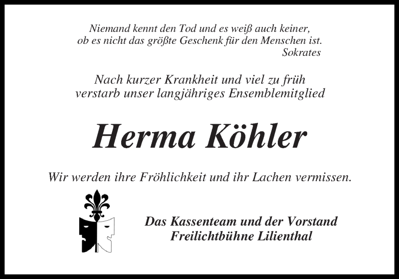 Traueranzeige von Herma Köhler von Wuemme Zeitung