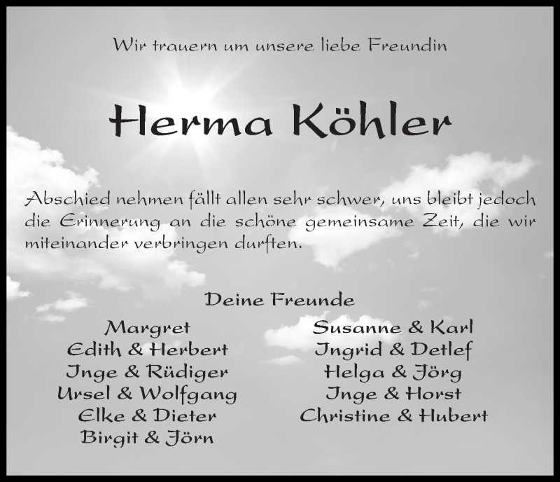 Traueranzeige von Herma Köhler von Wuemme Zeitung