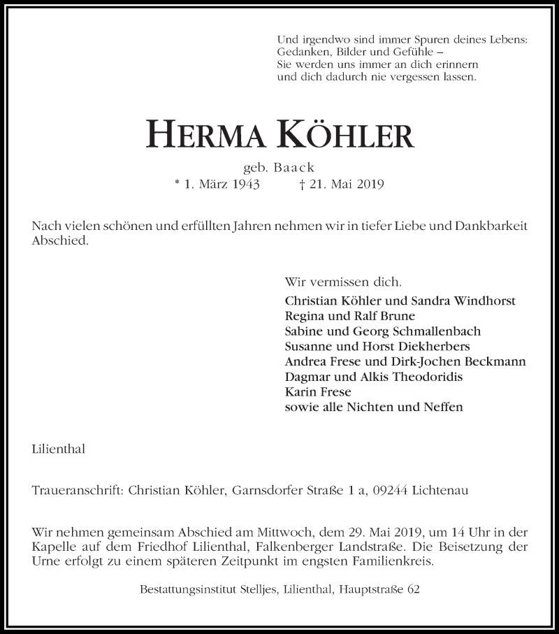 Traueranzeige von Herma Köhler von Wuemme Zeitung