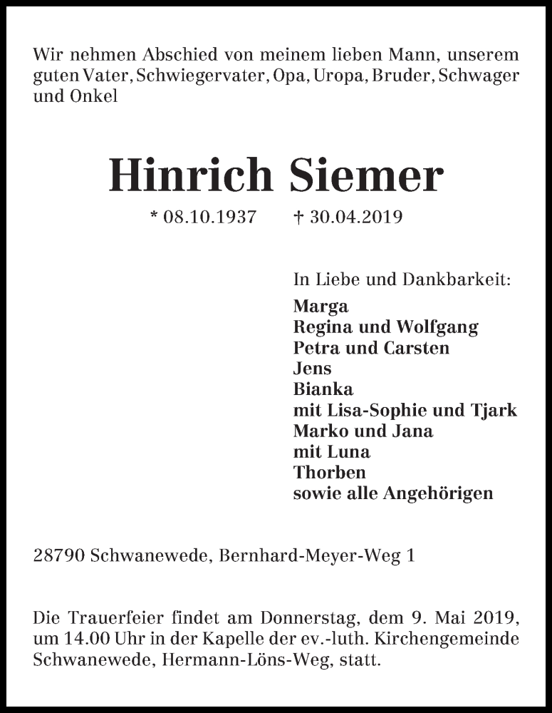 Traueranzeige von Hinrich Siemer von Die Norddeutsche