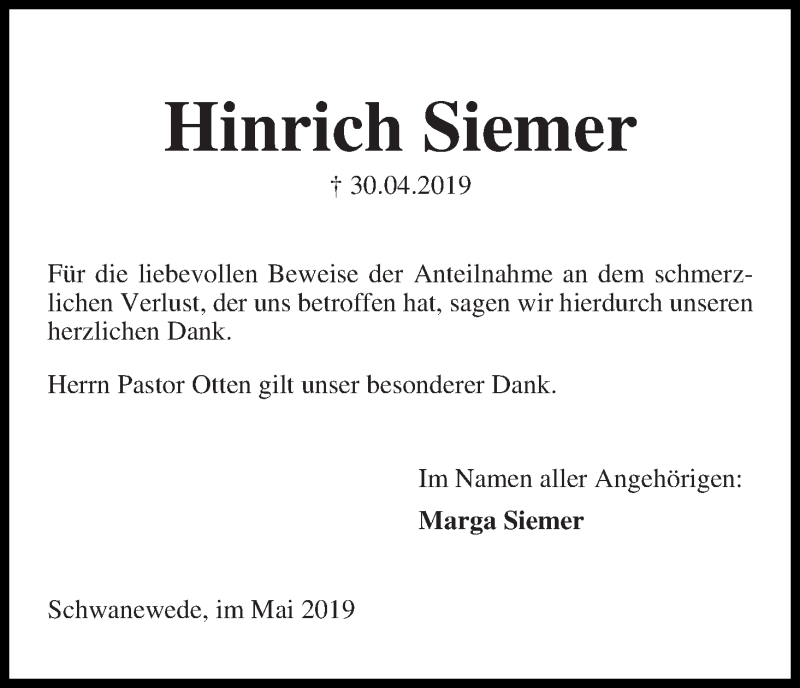 Traueranzeige von Hinrich Siemer von Die Norddeutsche