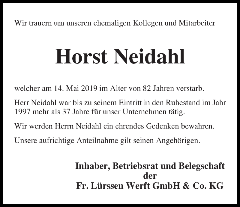Traueranzeige von Horst Neidahl von Die Norddeutsche