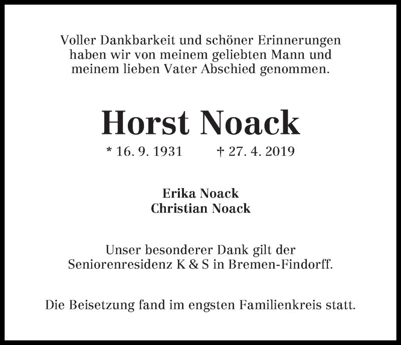 Traueranzeige von Horst Noack von WESER-KURIER
