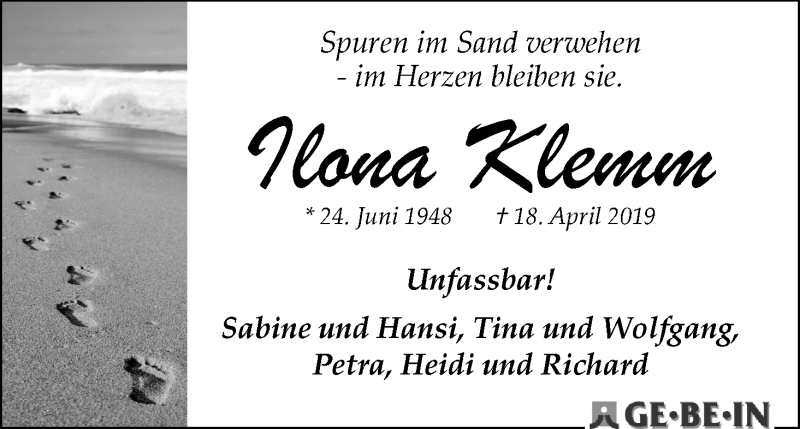 Traueranzeige von Ilona Klemm von WESER-KURIER